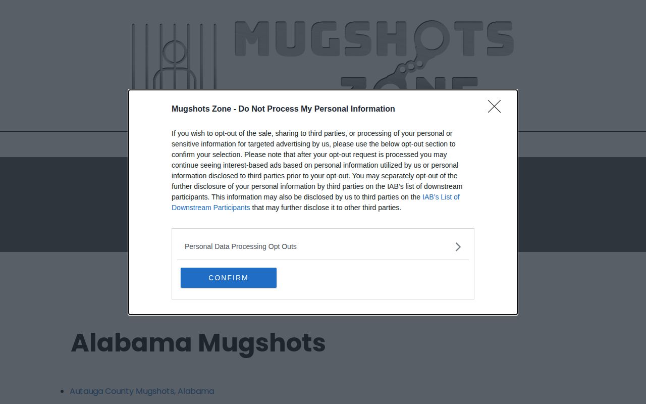 Mugshots Zone privacy opt-out notice during an Idaho coverage check