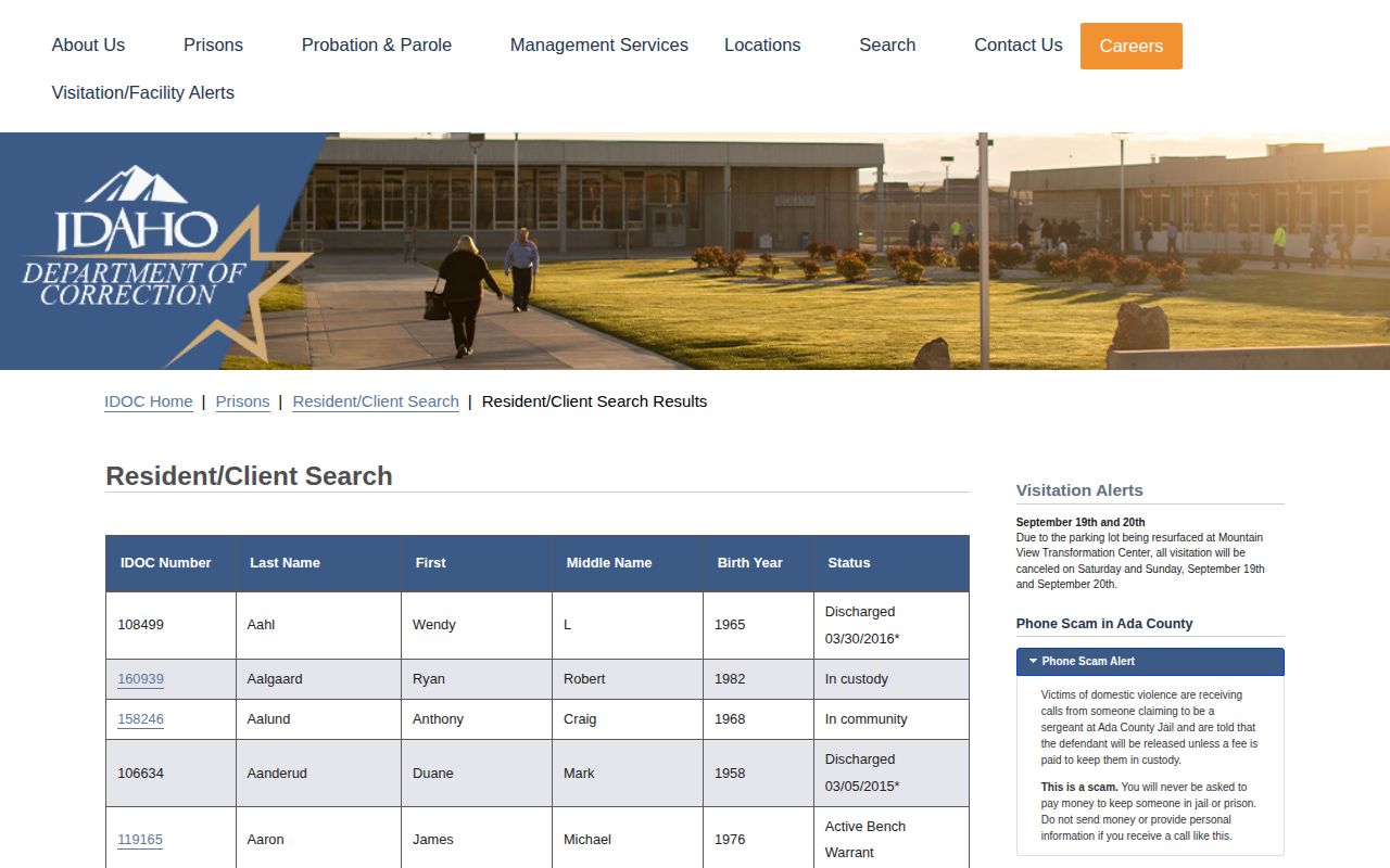 Idaho IDOC Resident/Client Search results interface showing IDOC number, name, birth year, and current, community, warrant, and discharged status labels