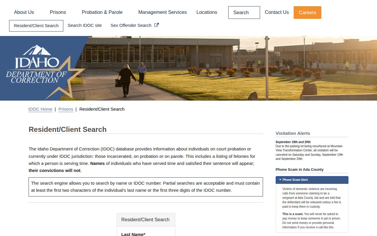 Idaho Department of Correction Resident Client Search form and search-field guidance