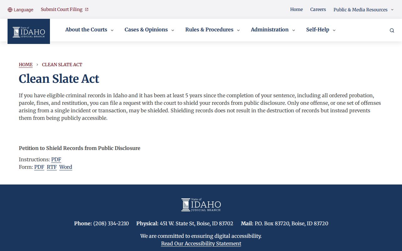 Idaho Clean Slate Act court page and shielding petition information