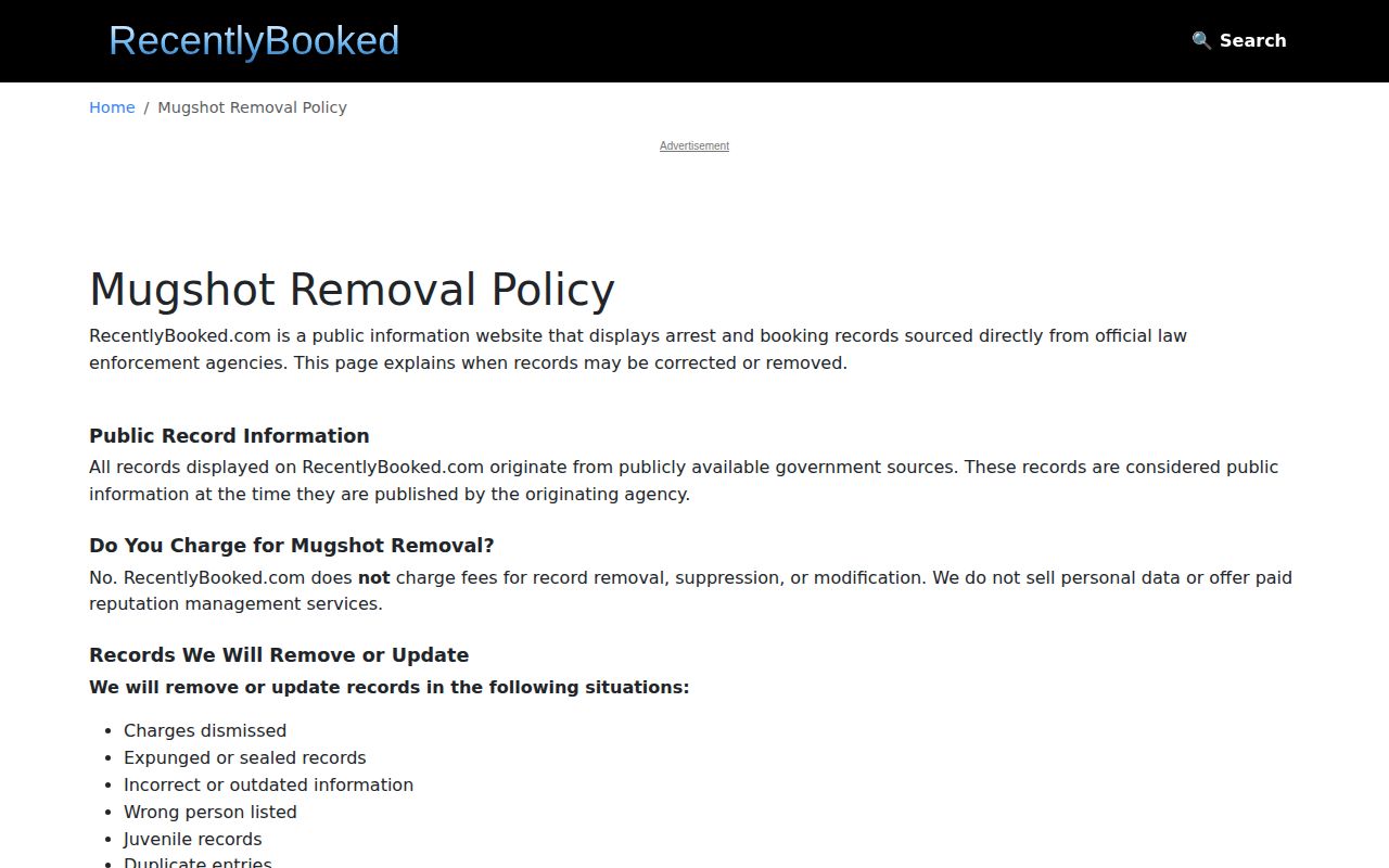 RecentlyBooked correction and removal policy for Idaho booking listings