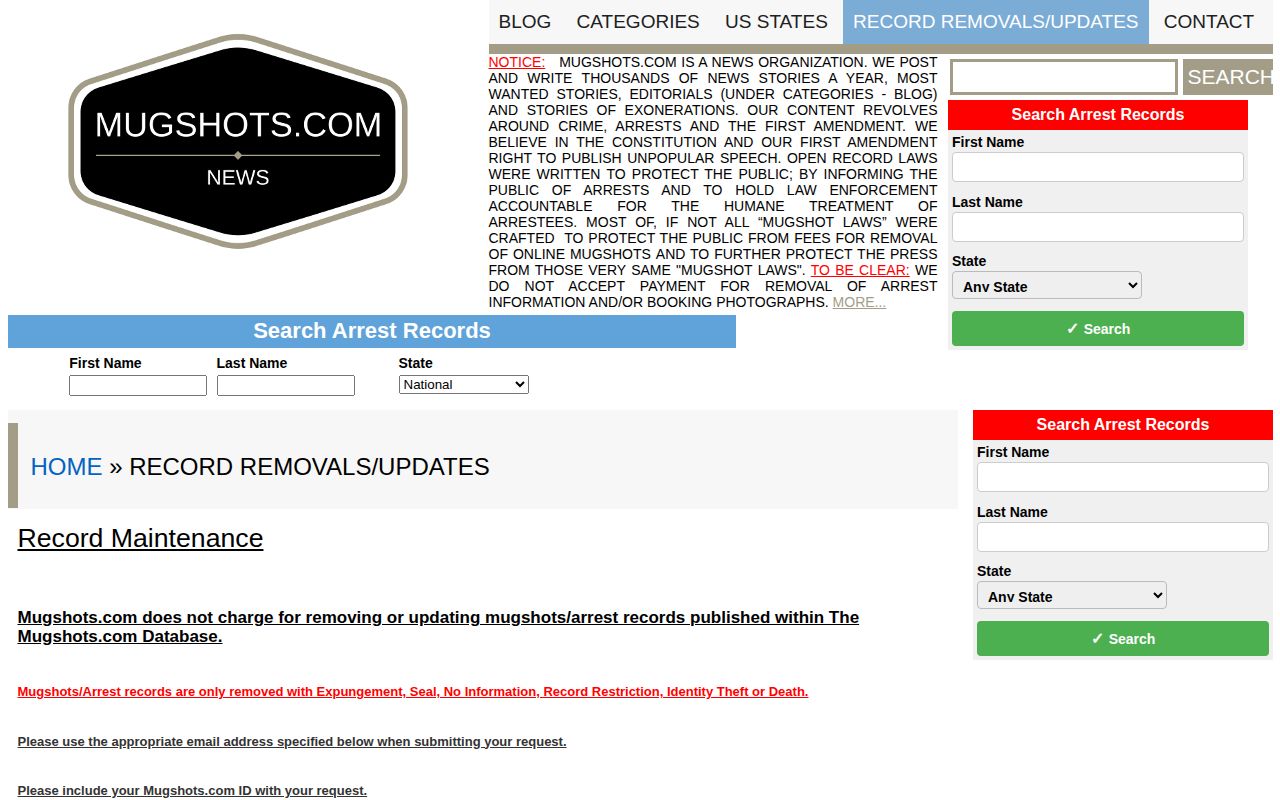 Mugshots.com record maintenance page stating its documented update process is free