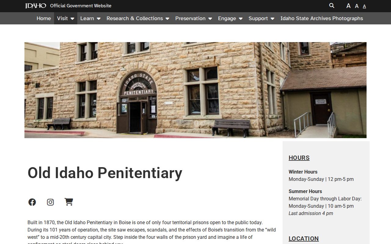 Old Idaho Penitentiary historical site page linked to Idaho resident-file records