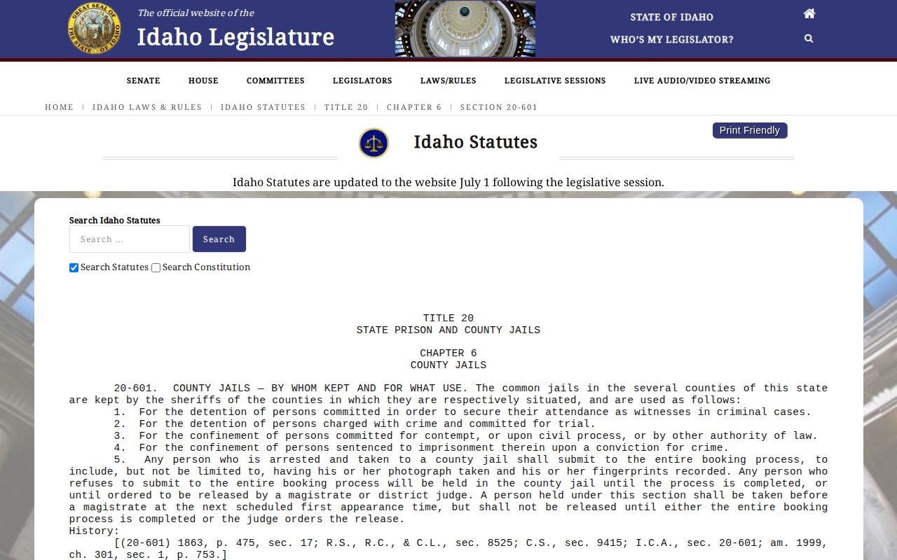 Idaho Code page describing county jail booking and booking photographs