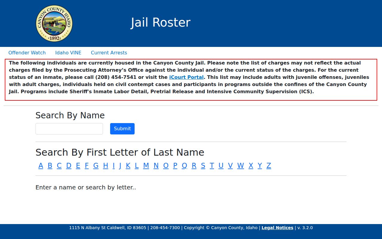 Canyon County jail roster name-search interface without booking-photo results
