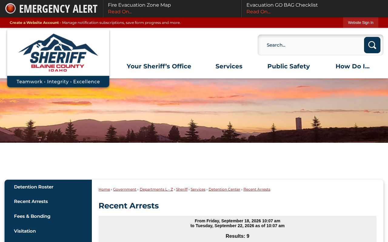 Blaine County recent-arrests page showing a rolling date window without faces